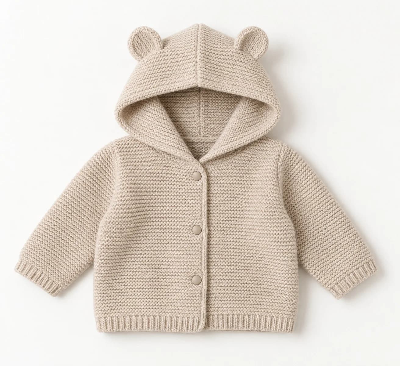 Baby Ear-Hood Knit Jacket - front reference (AI development concept)