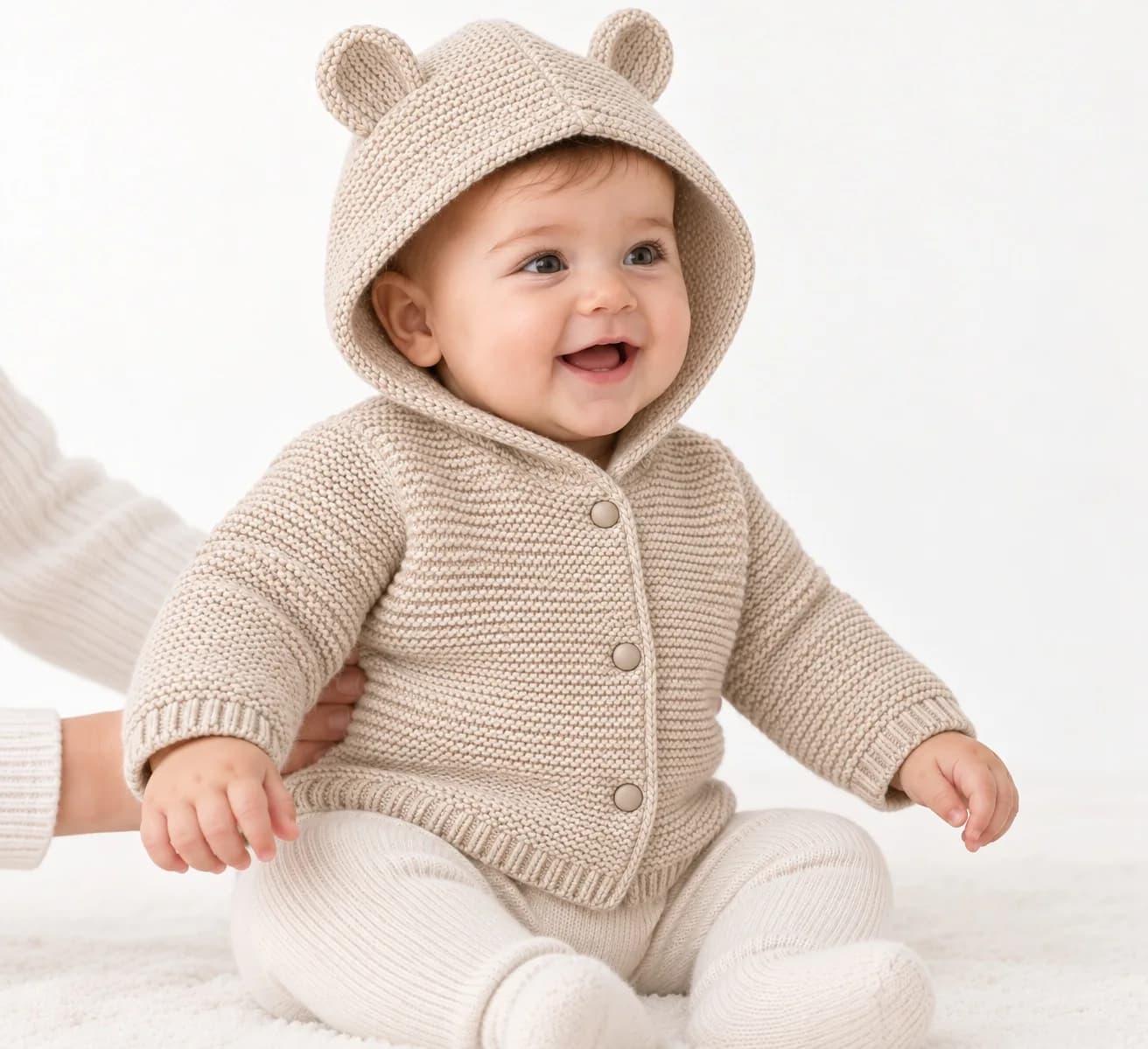 Baby Ear-Hood Knit Jacket - side reference (AI development concept)