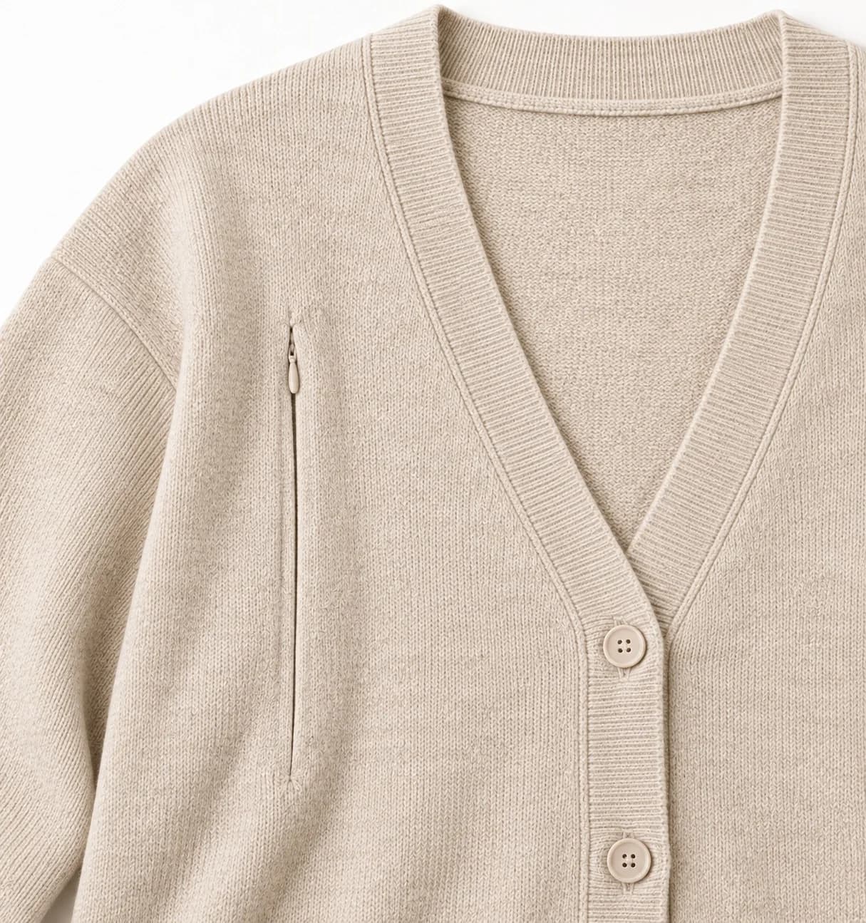 Hidden-Zip Nursing Knit Cardigan - trim reference (AI development concept)