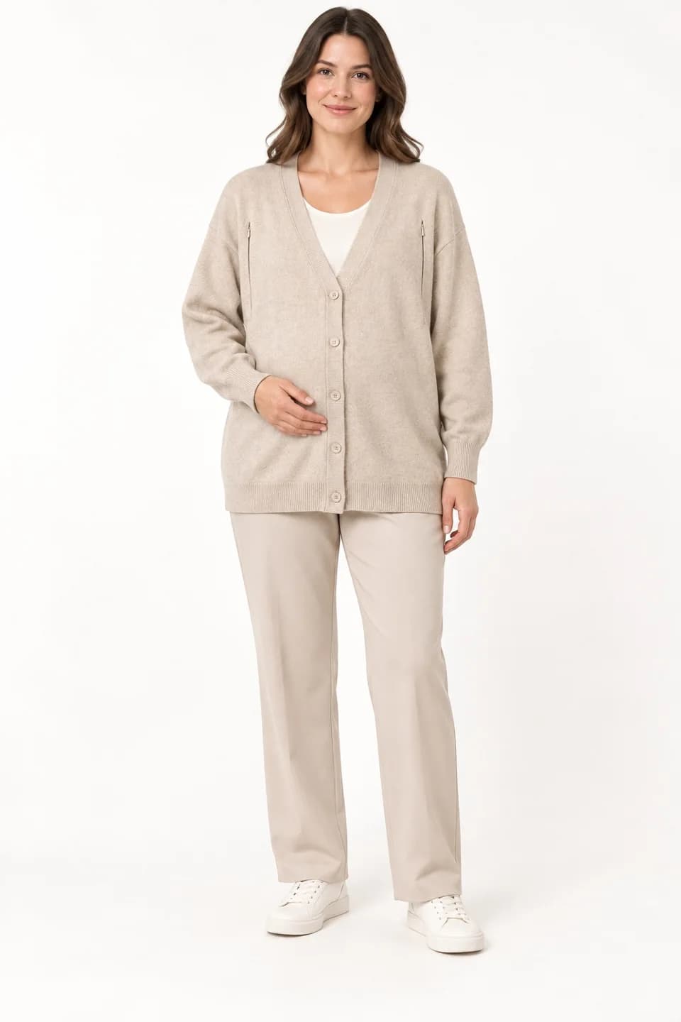 Hidden-Zip Nursing Knit Cardigan - model or use reference (AI development concept)