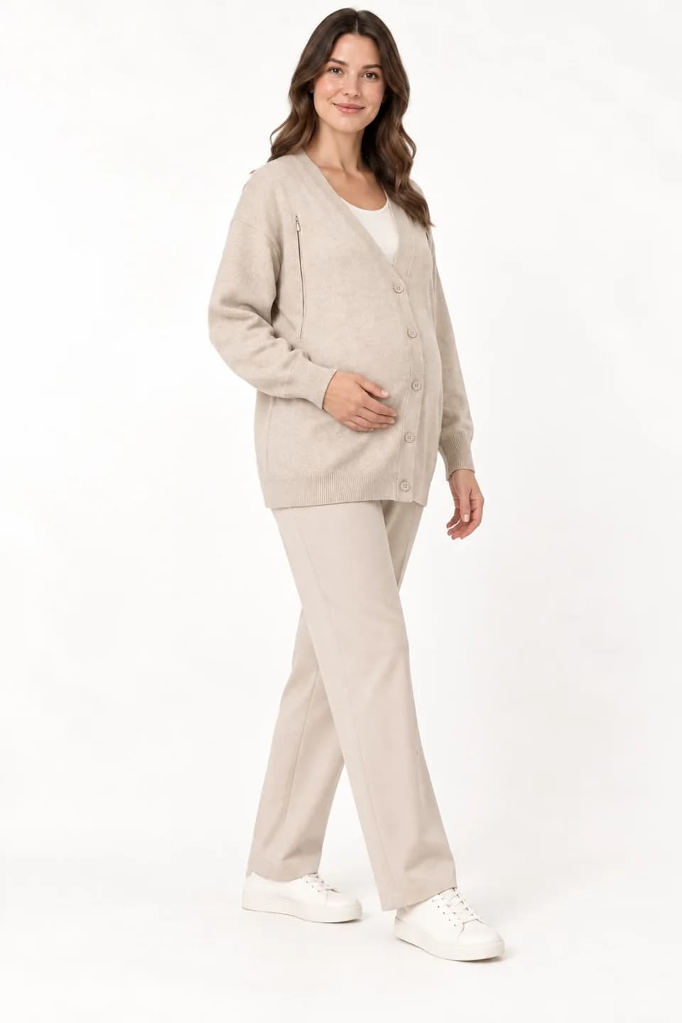 Hidden-Zip Nursing Knit Cardigan - side reference (AI development concept)