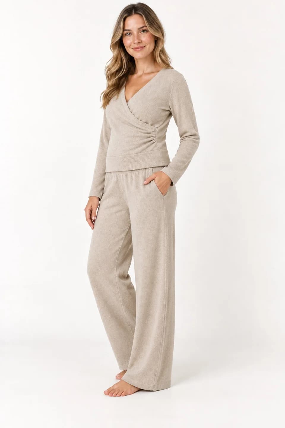 Nursing Wrap-Top and Wide-Leg Knit Set - side reference (AI development concept)