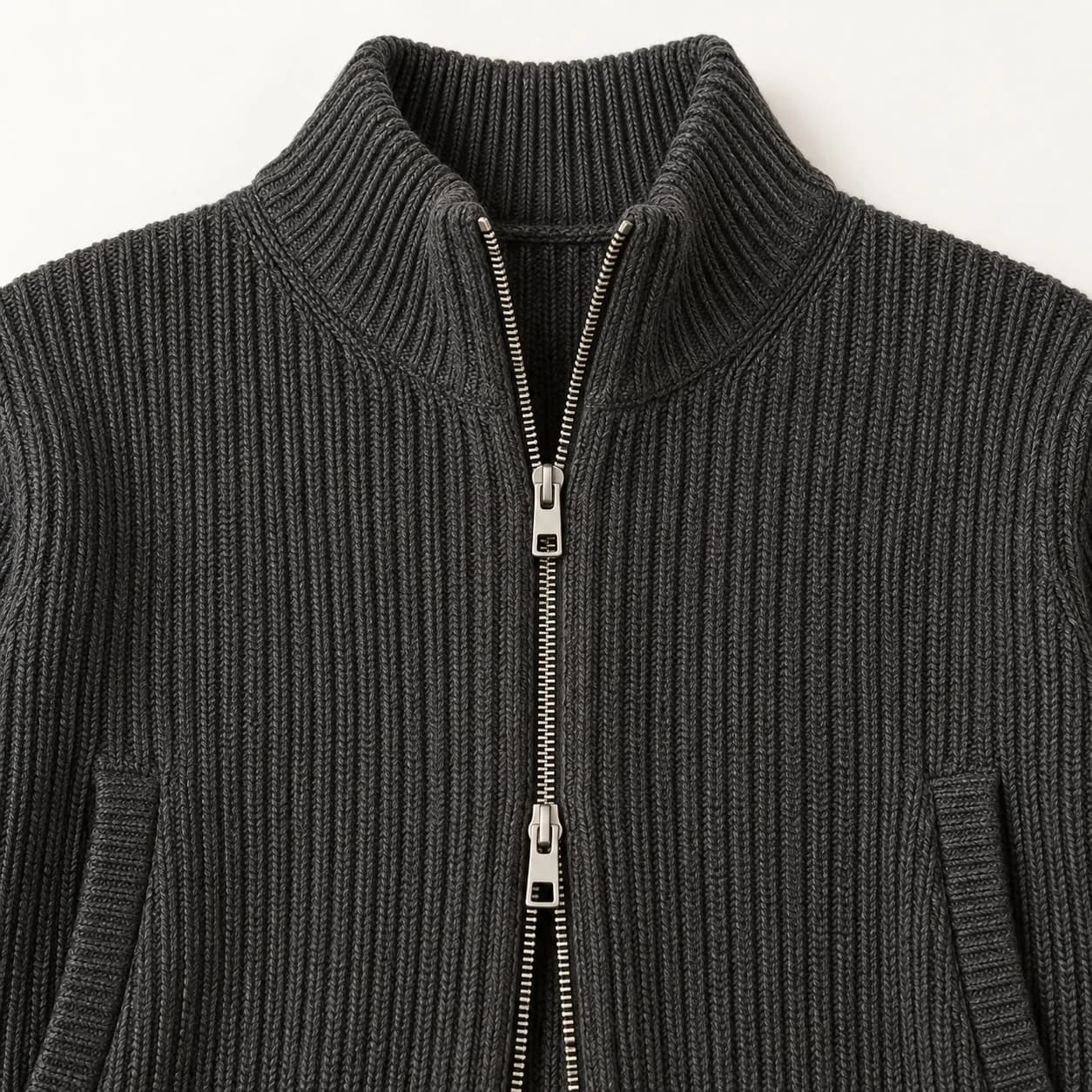 Men's Ribbed Two-Way Zip Stand-Collar Cardigan - trim reference (AI development concept)