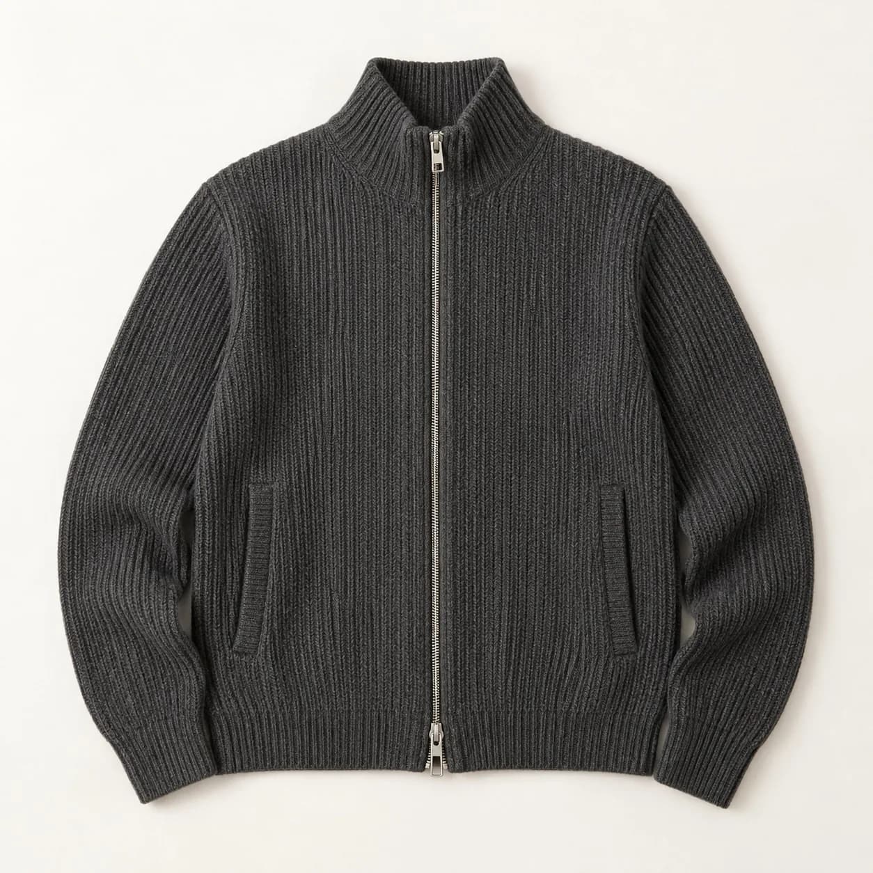 Men's Ribbed Two-Way Zip Stand-Collar Cardigan - front reference (AI development concept)
