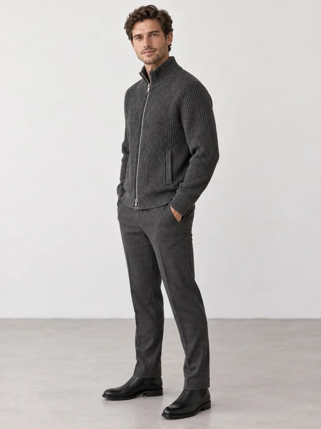 Men's Ribbed Two-Way Zip Stand-Collar Cardigan - side reference (AI development concept)