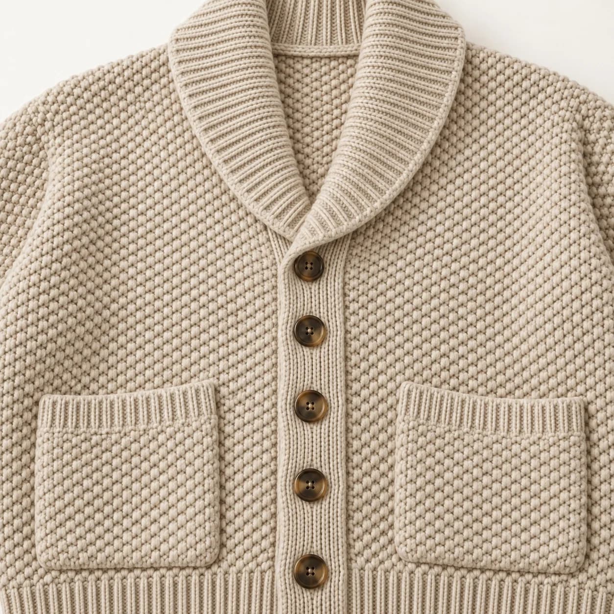 Men's Chunky Pearl-Stitch Shawl Cardigan - trim reference (AI development concept)