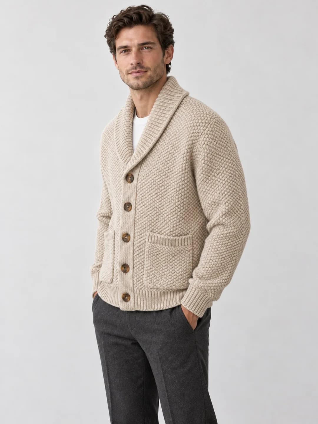 Men's Chunky Pearl-Stitch Shawl Cardigan - side reference (AI development concept)