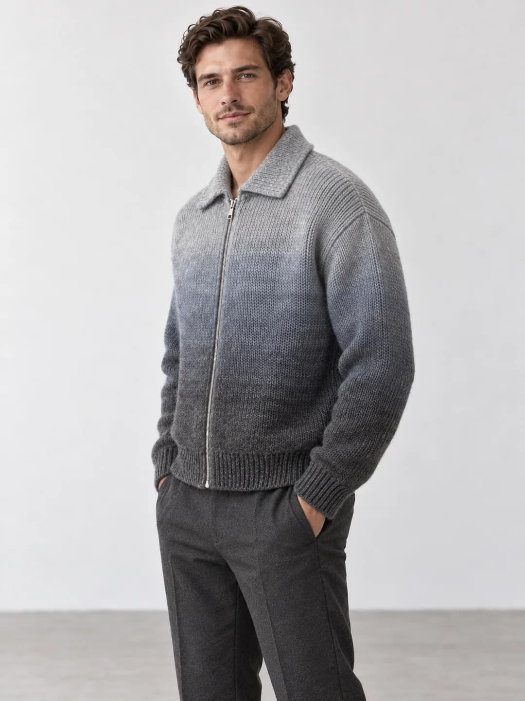 Men's Brushed Mohair-Blend Ombre Zip Cardigan - side reference (AI development concept)