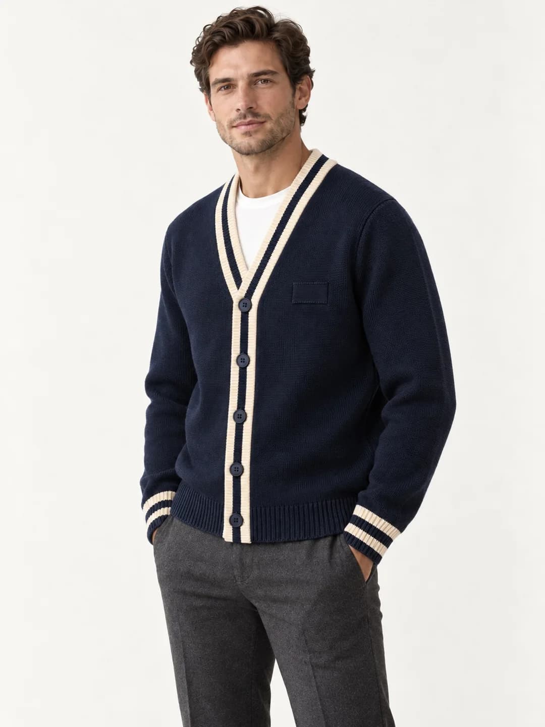 Men's Tipped V-Neck Varsity Cardigan - side reference (AI development concept)