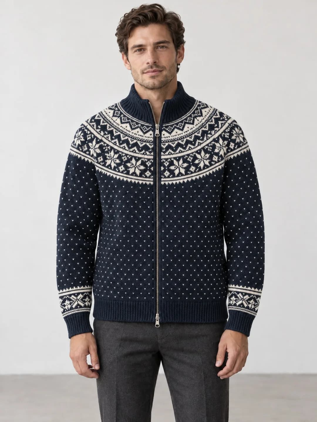 Mens Lined Nordic Jacquard Zip Cardigan - model or use reference (AI development concept)