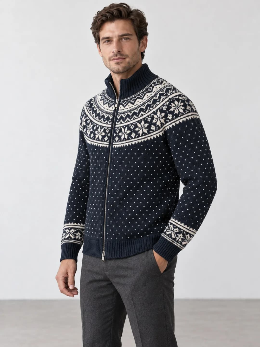 Mens Lined Nordic Jacquard Zip Cardigan - side reference (AI development concept)