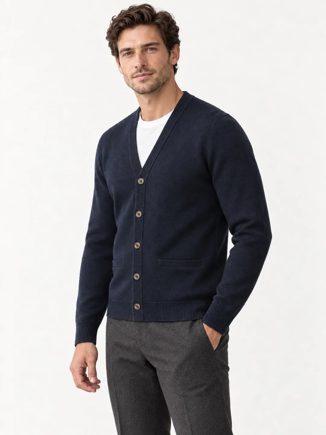 Men's Fine Merino V-Neck Cardigan - side reference (AI development concept)