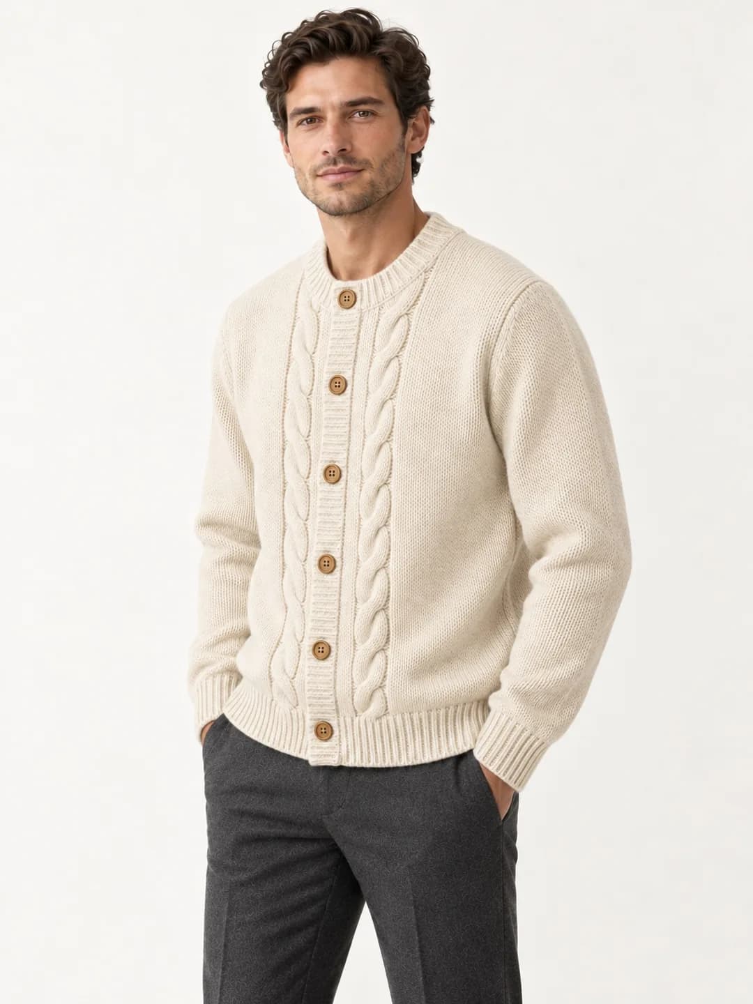 Men's Wool-Blend Cable-Placket Crew Cardigan - side reference (AI development concept)
