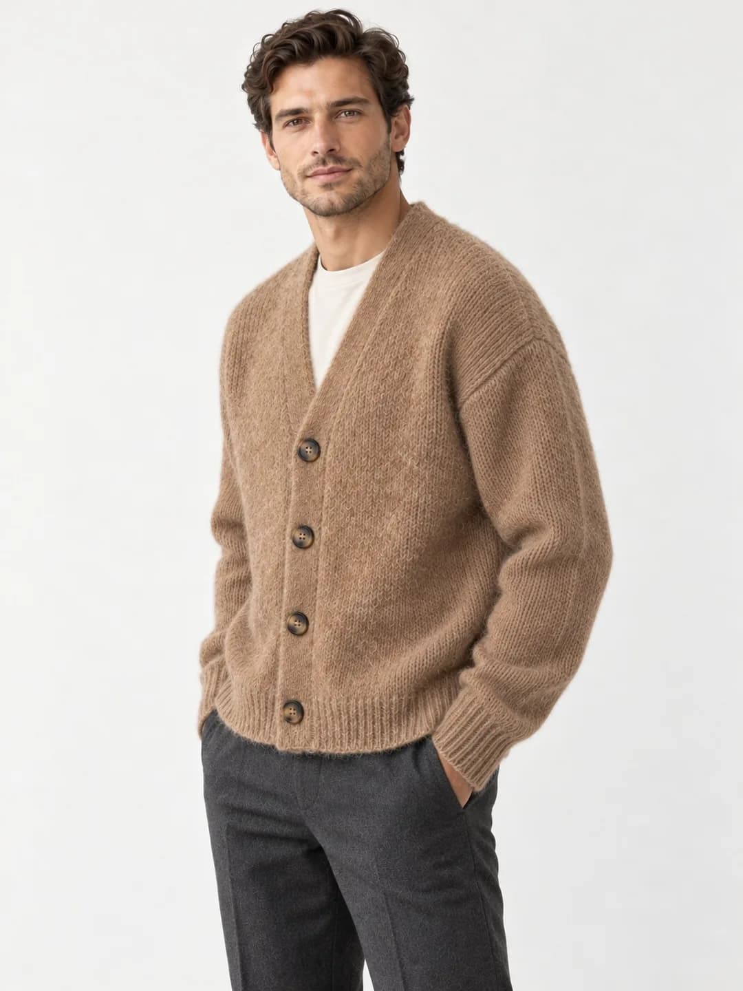 Men's Relaxed Alpaca-Blend V-Neck Cardigan - side reference (AI development concept)