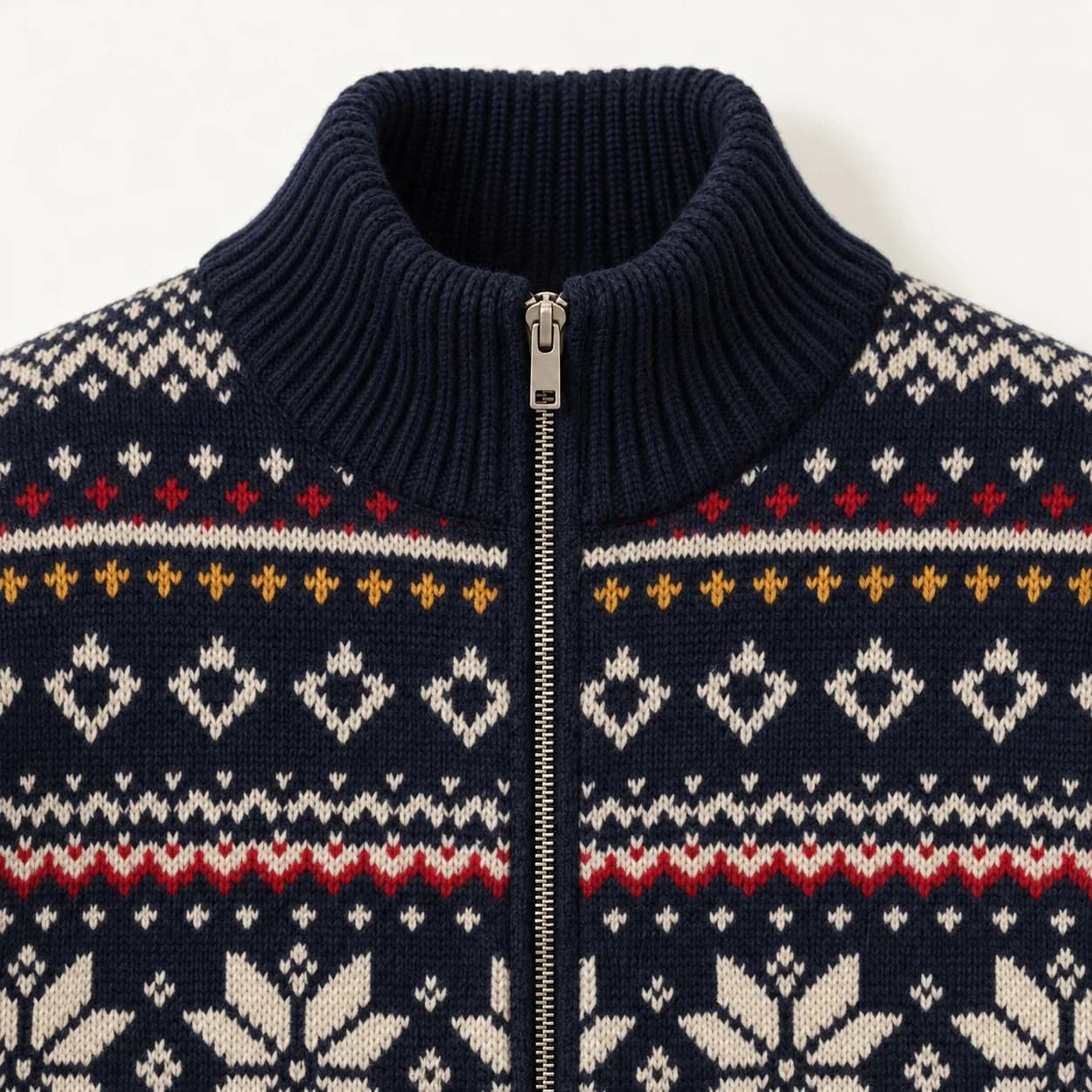 Men's Fair Isle Full-Zip Stand-Collar Cardigan - trim reference (AI development concept)