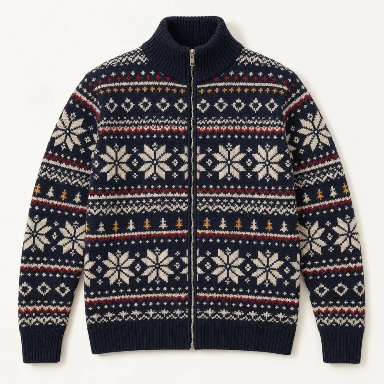Men's Fair Isle Full-Zip Stand-Collar Cardigan - front reference (AI development concept)