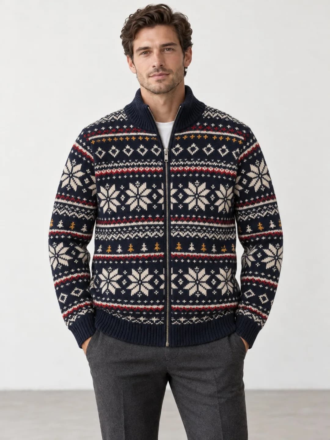 Men's Fair Isle Full-Zip Stand-Collar Cardigan - model or use reference (AI development concept)