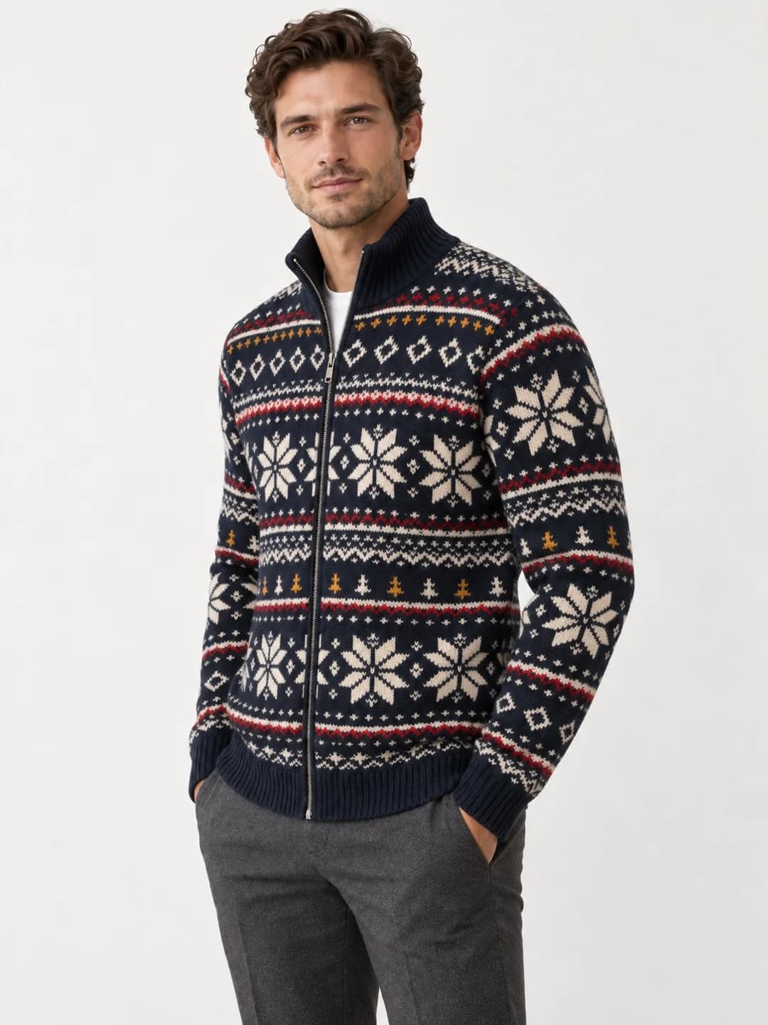 Men's Fair Isle Full-Zip Stand-Collar Cardigan - side reference (AI development concept)