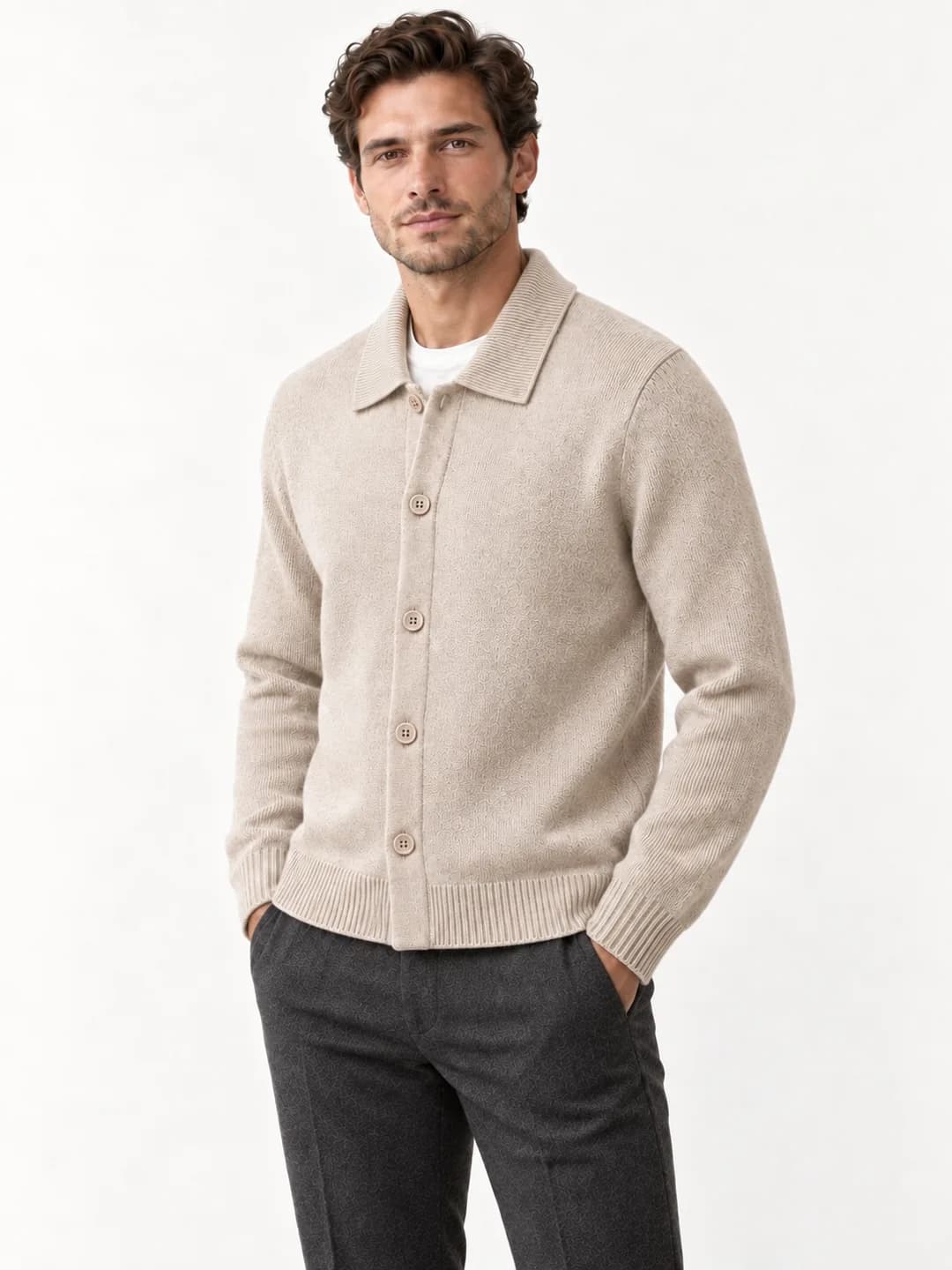 Men's Fine-Gauge Cotton-Wool Polo-Collar Cardigan - side reference (AI development concept)