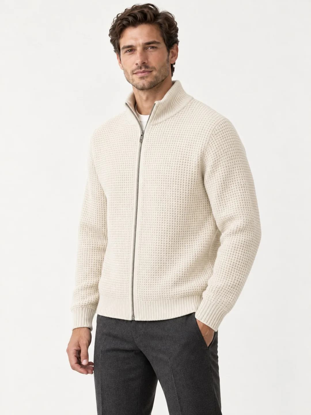 Men's Cotton Waffle Full-Zip Cardigan - side reference (AI development concept)