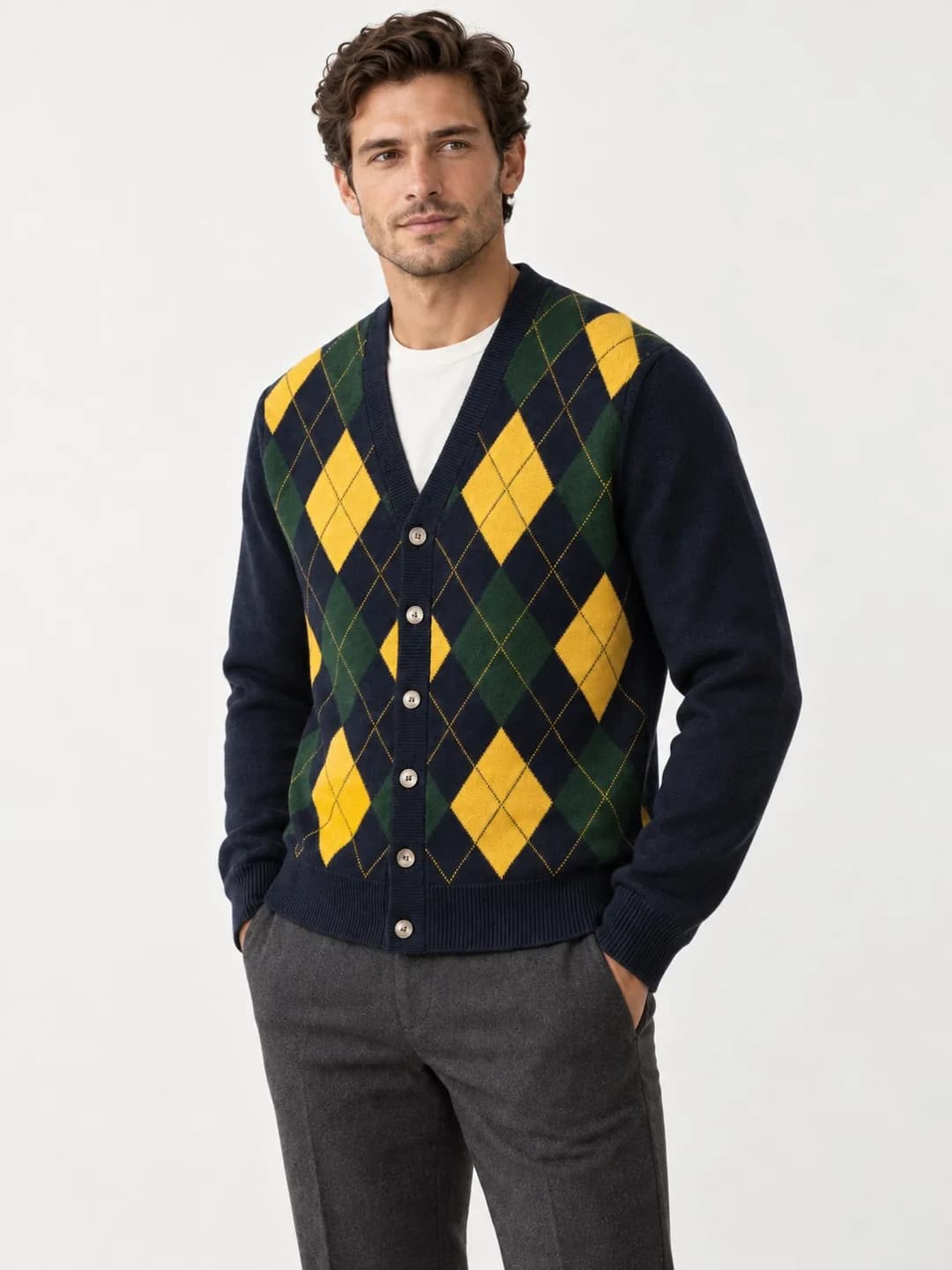 Men's Merino-Blend Argyle Button Cardigan - side reference (AI development concept)