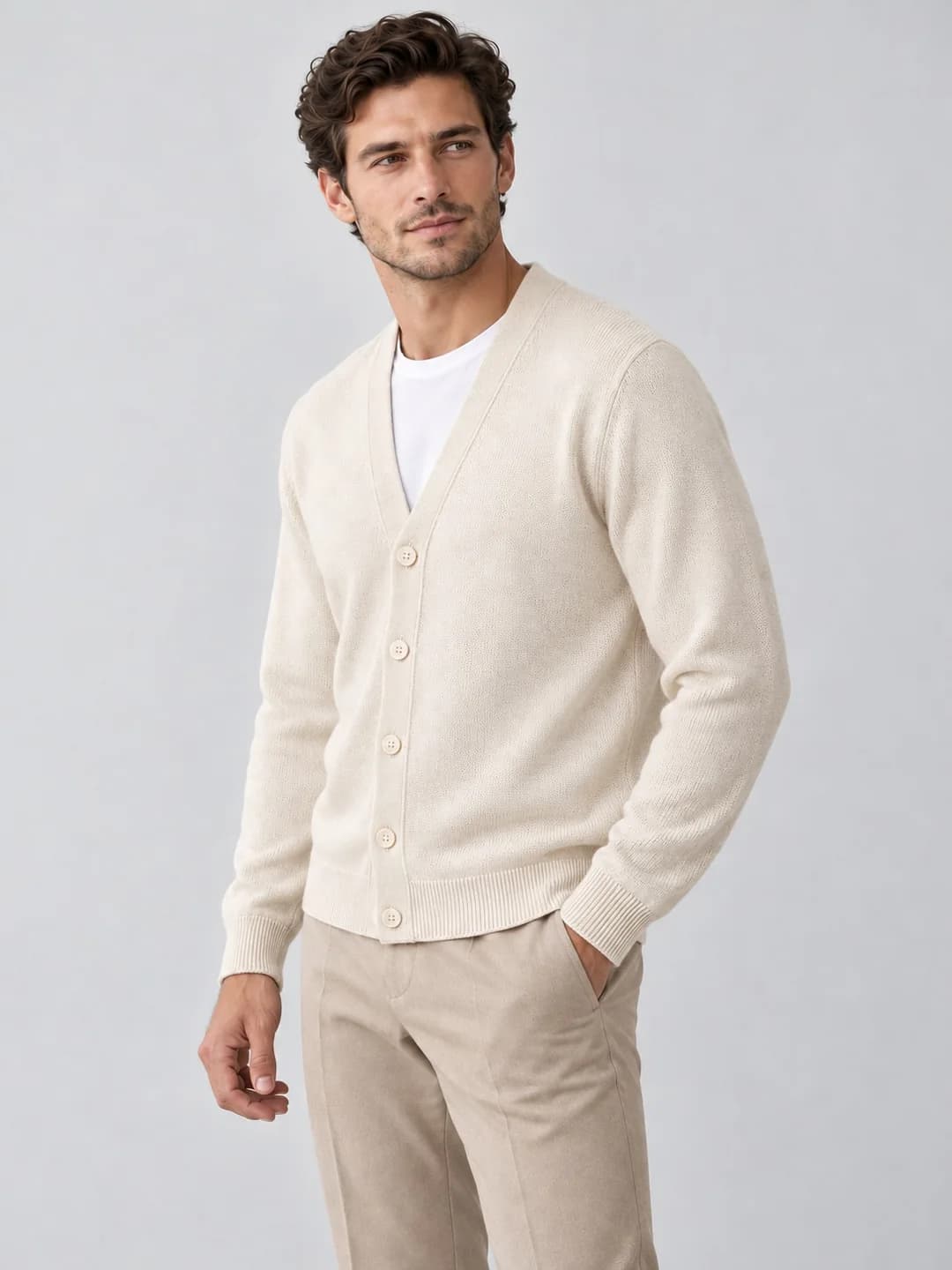 Men's Cotton-Linen V-Neck Cardigan - side reference (AI development concept)