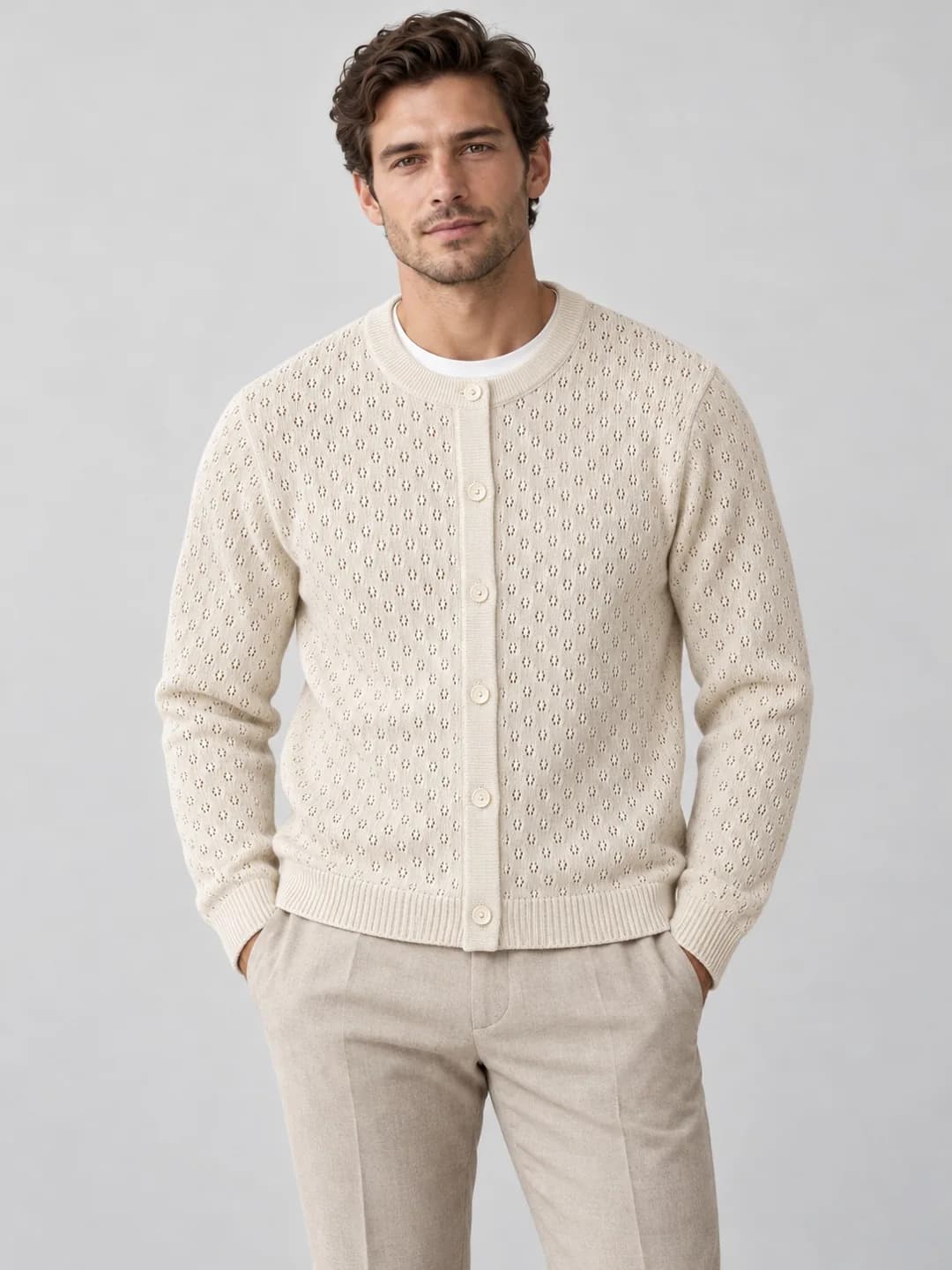 Men's Pointelle Open-Knit Crew Cardigan - model or use reference (AI development concept)