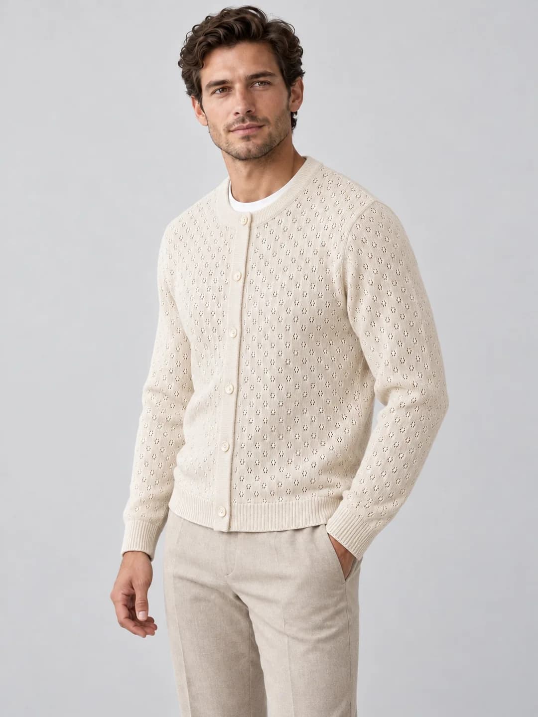 Men's Pointelle Open-Knit Crew Cardigan - side reference (AI development concept)