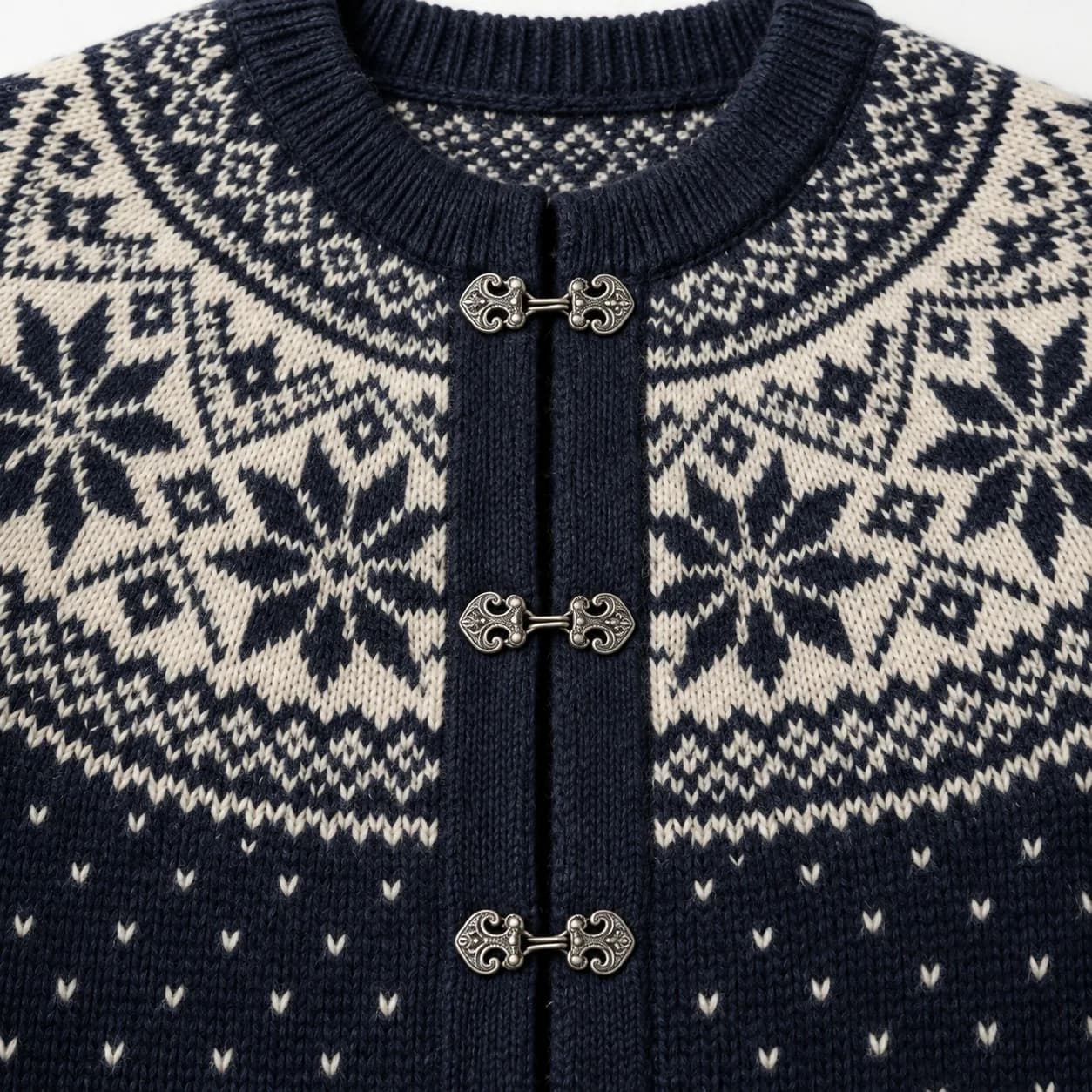 Men's Nordic Jacquard Metal-Clasp Cardigan - trim reference (AI development concept)