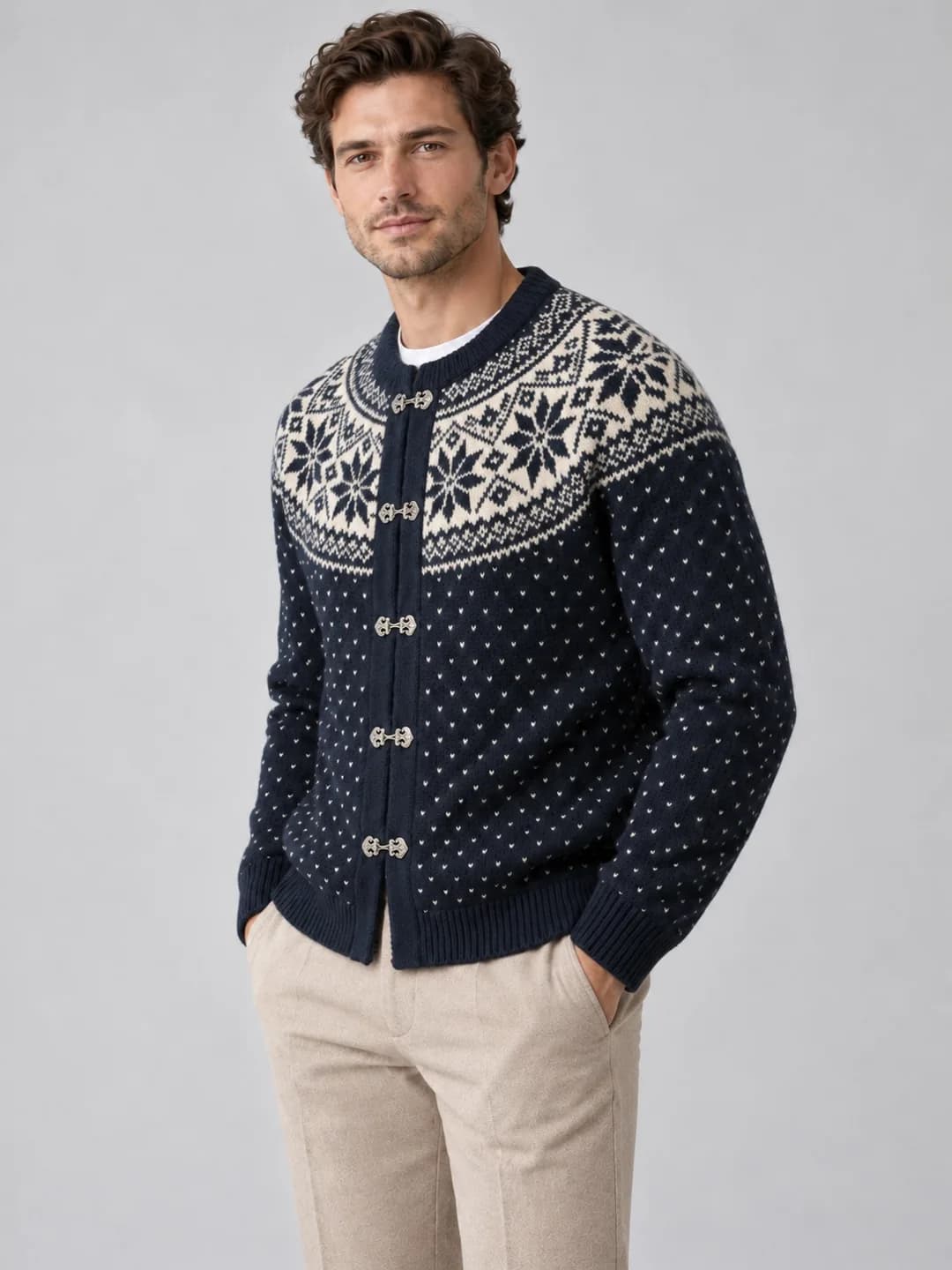 Men's Nordic Jacquard Metal-Clasp Cardigan - side reference (AI development concept)