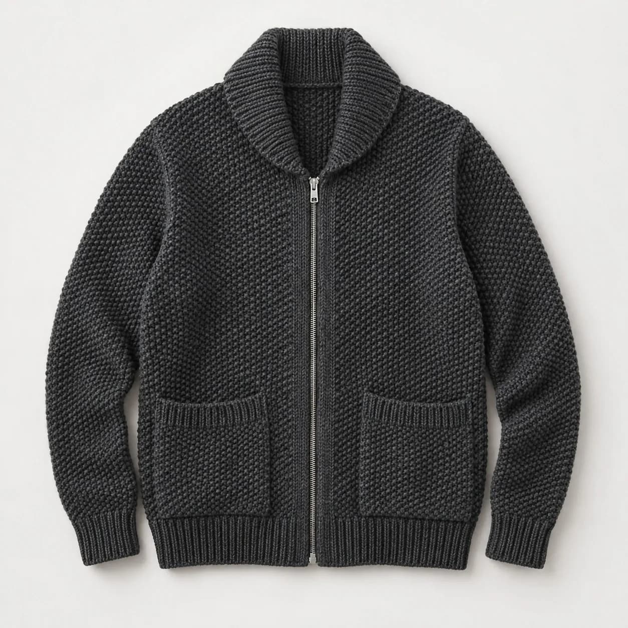 Men's Pearl-Stitch Shawl-Collar Zip Cardigan - front reference (AI development concept)