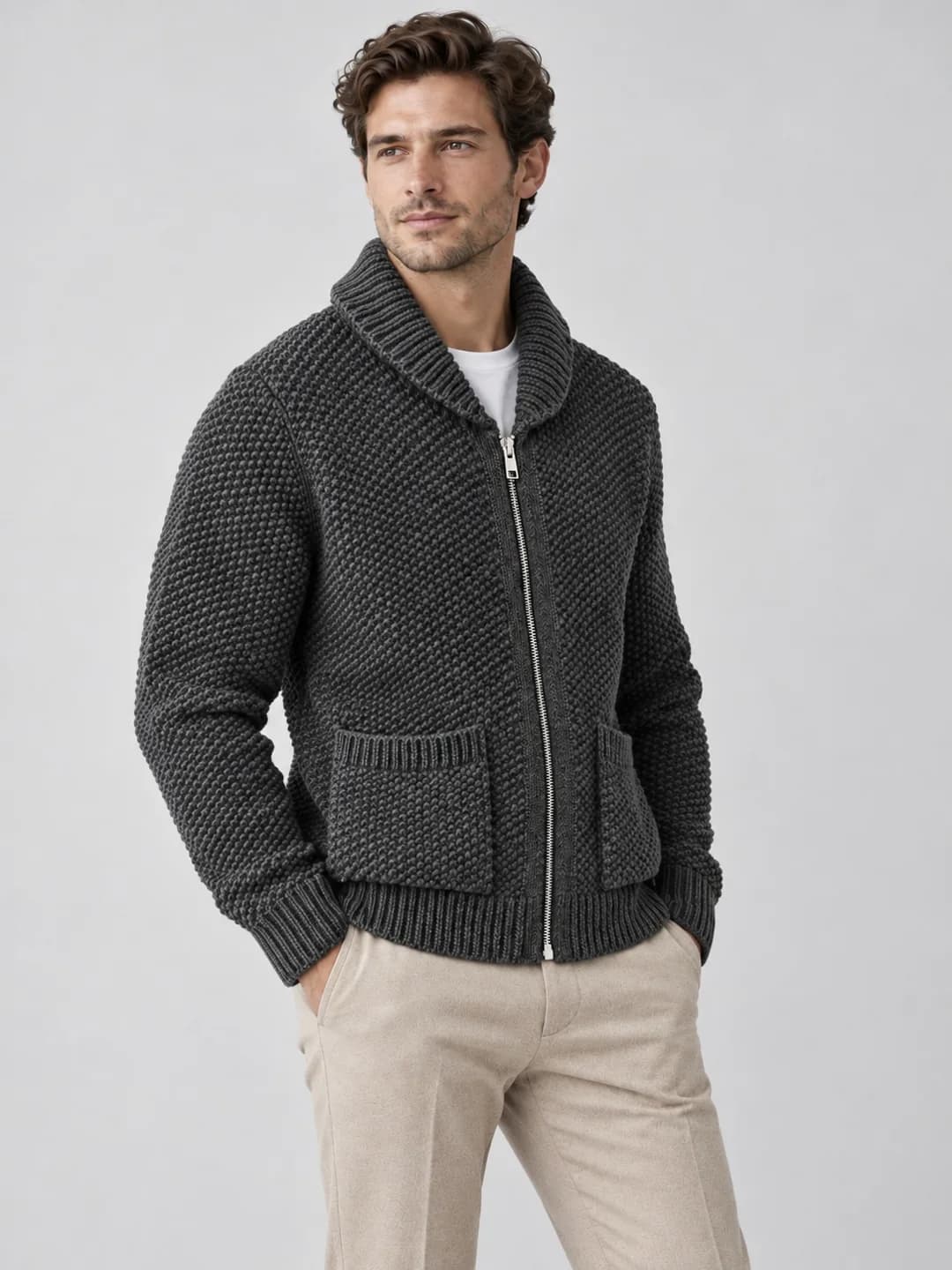 Men's Pearl-Stitch Shawl-Collar Zip Cardigan - side reference (AI development concept)