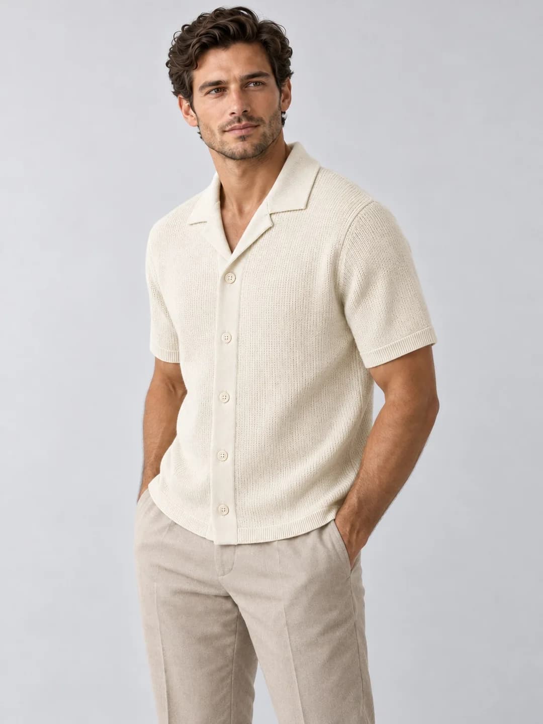 Men's Short-Sleeve Camp-Collar Knit Shirt - side reference (AI development concept)