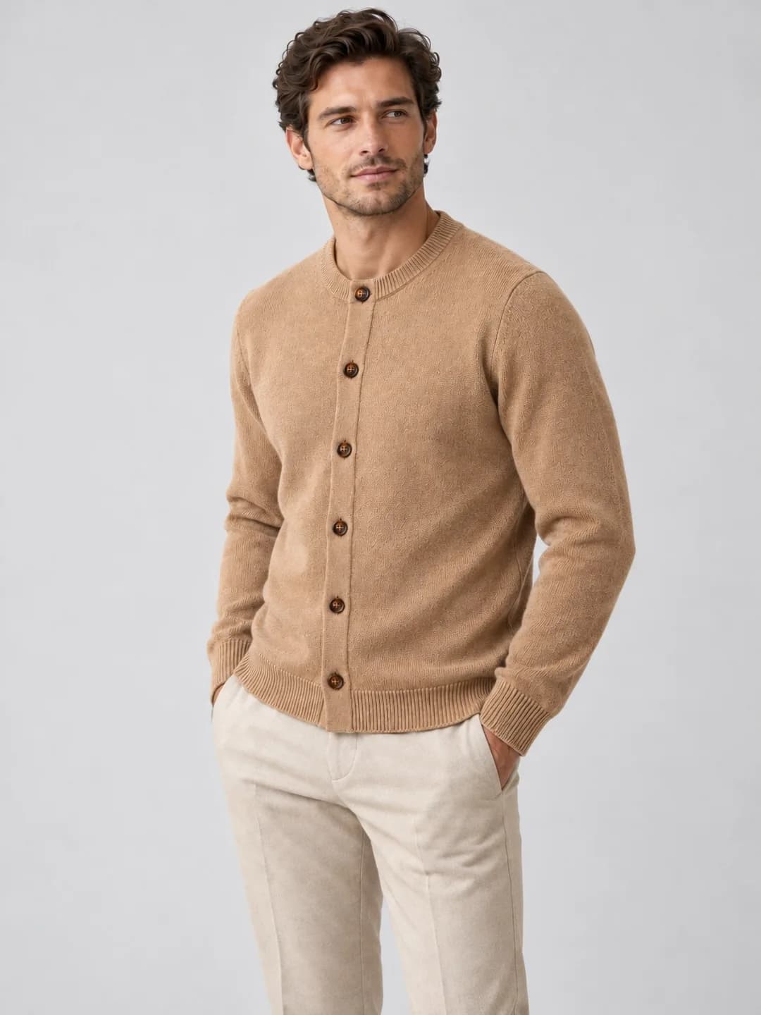 Men's Wool-Cashmere Crew-Neck Cardigan - side reference (AI development concept)