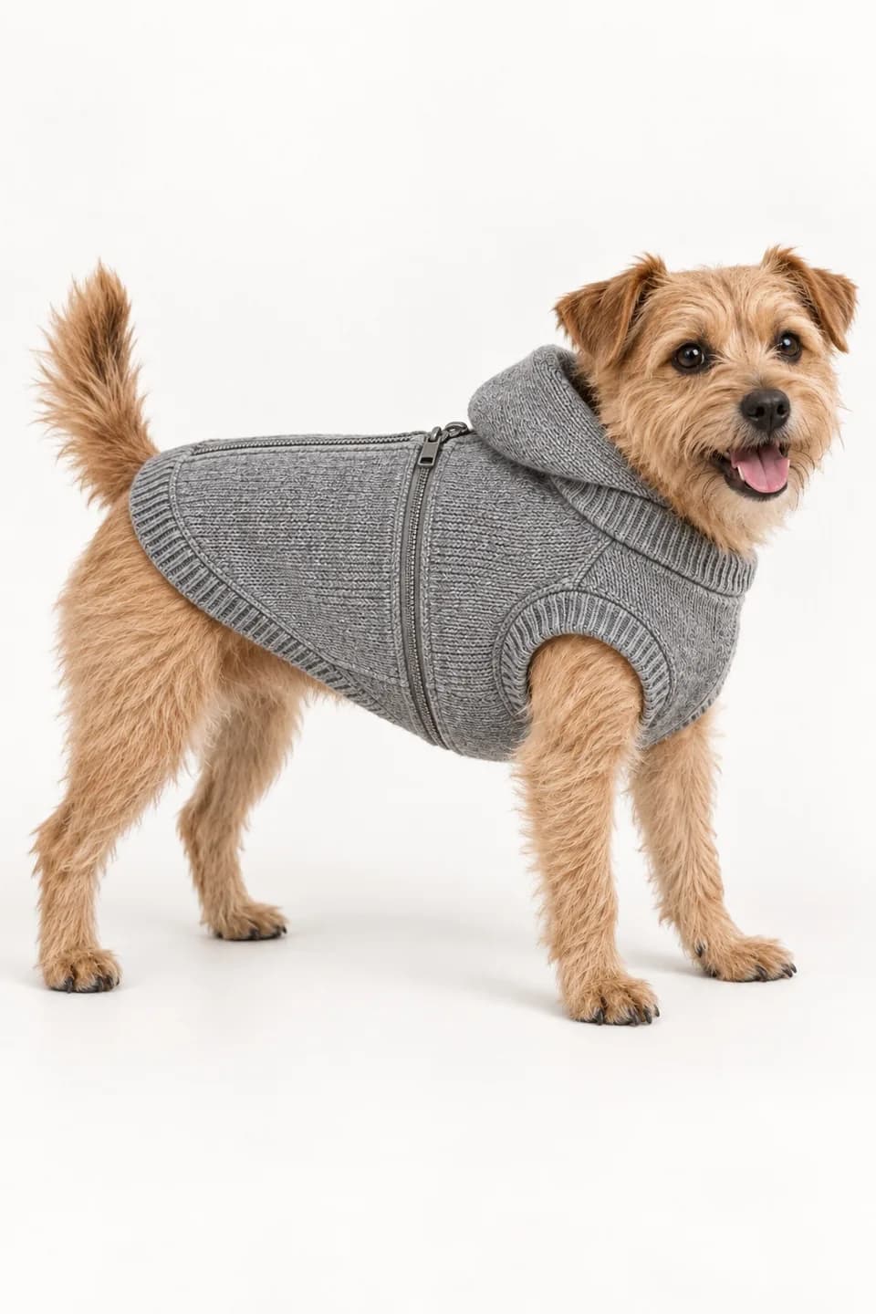 Back-Zip Knit Dog Hoodie - side reference (AI development concept)