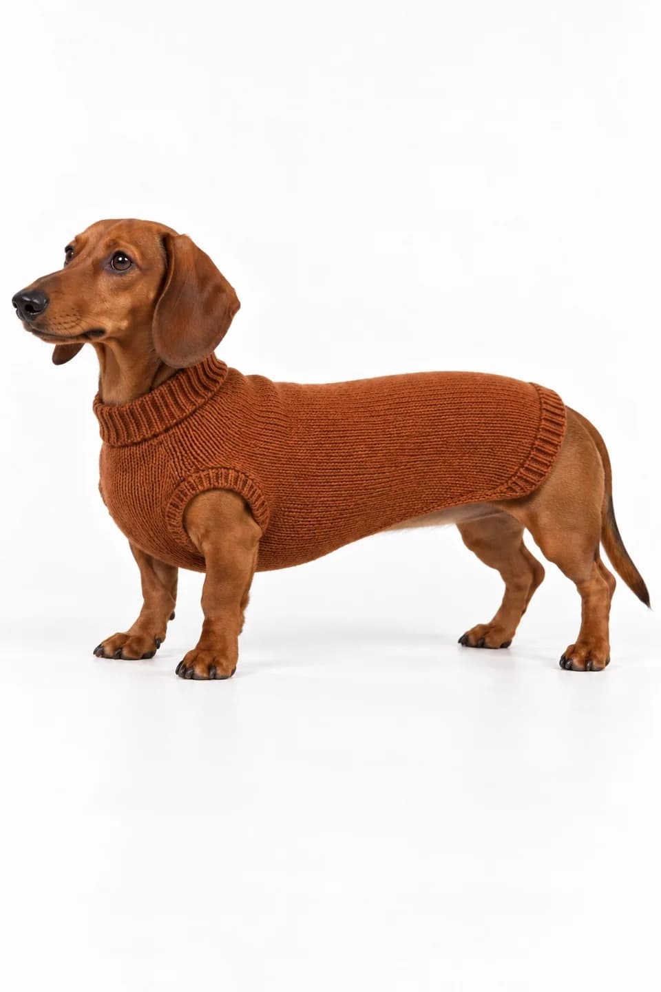 Dachshund Long-Back Knit Sweater Development - side reference (AI development concept)