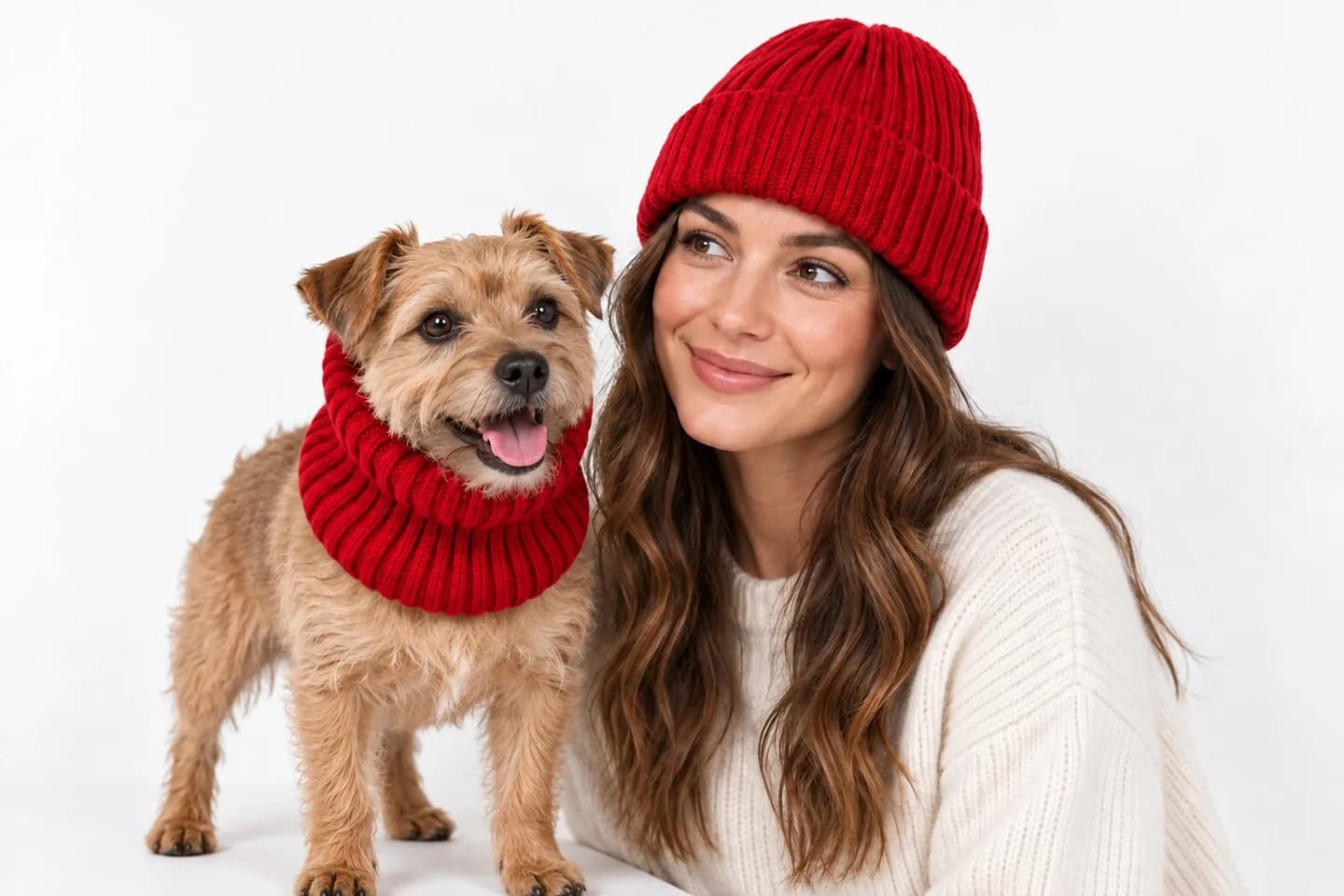 Dog Snood and Matching Owner Beanie Set - side reference (AI development concept)
