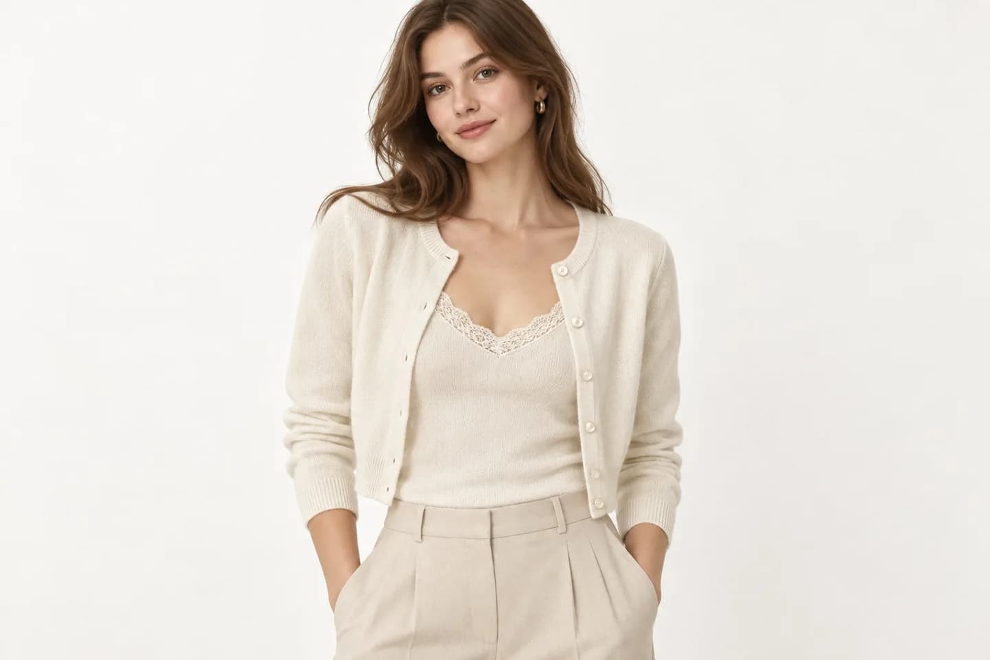 Women's Lace-Trim Knit Cami and Cropped Cardigan Set - model or use reference (AI development concept)