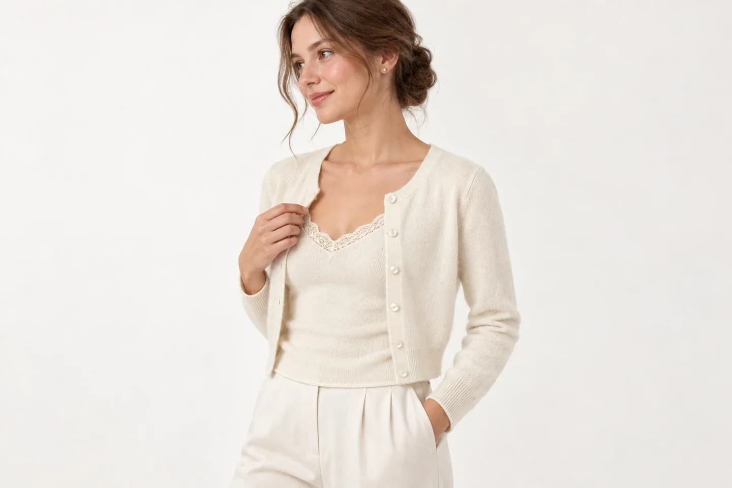 Women's Lace-Trim Knit Cami and Cropped Cardigan Set - side reference (AI development concept)