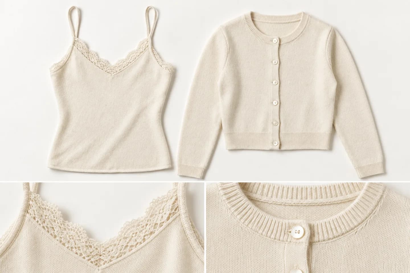 Women's Lace-Trim Knit Cami and Cropped Cardigan Set - trim reference (AI development concept)