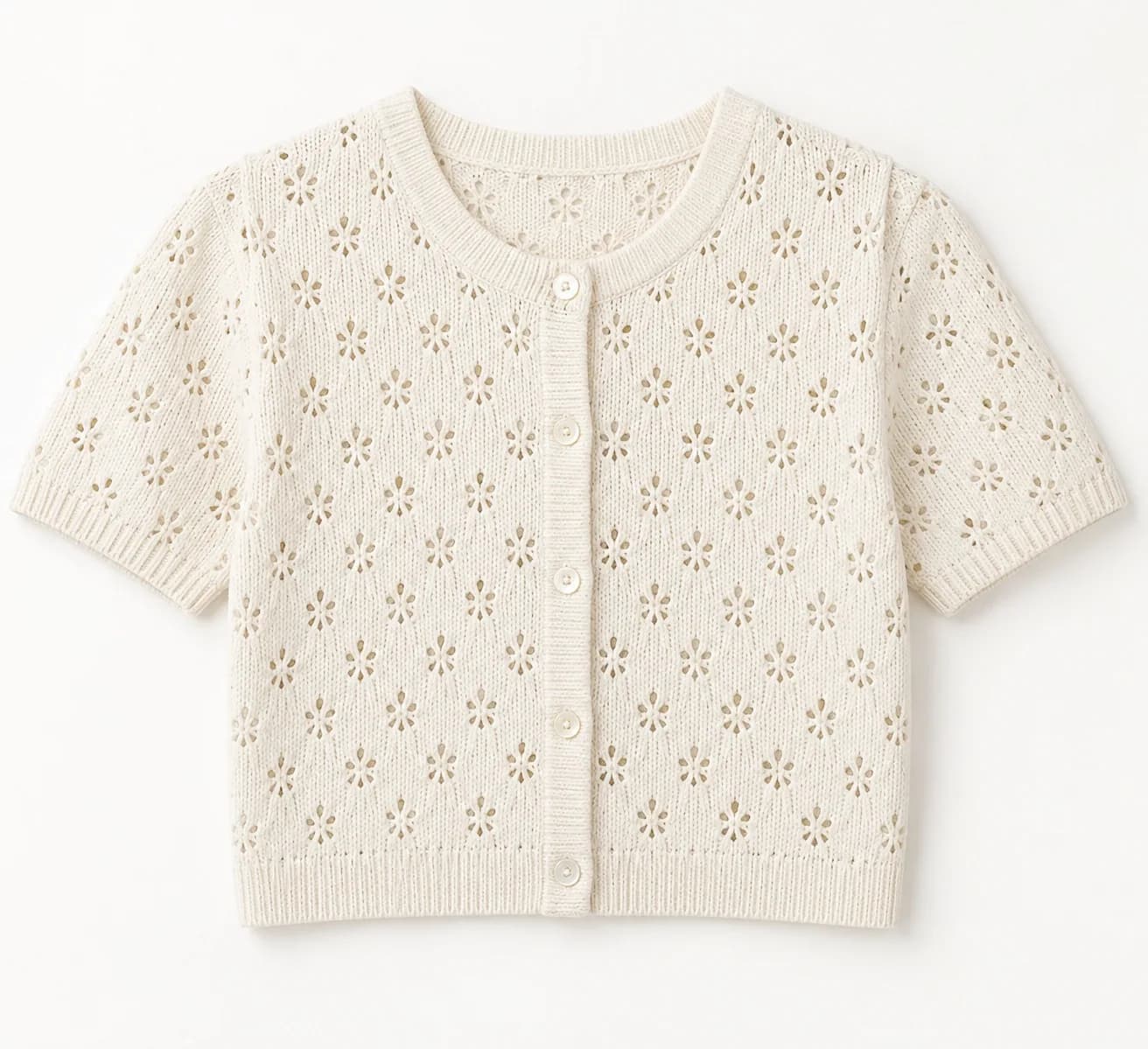 Women's Crochet-Look Short-Sleeve Knit Cardigan - front reference (AI development concept)