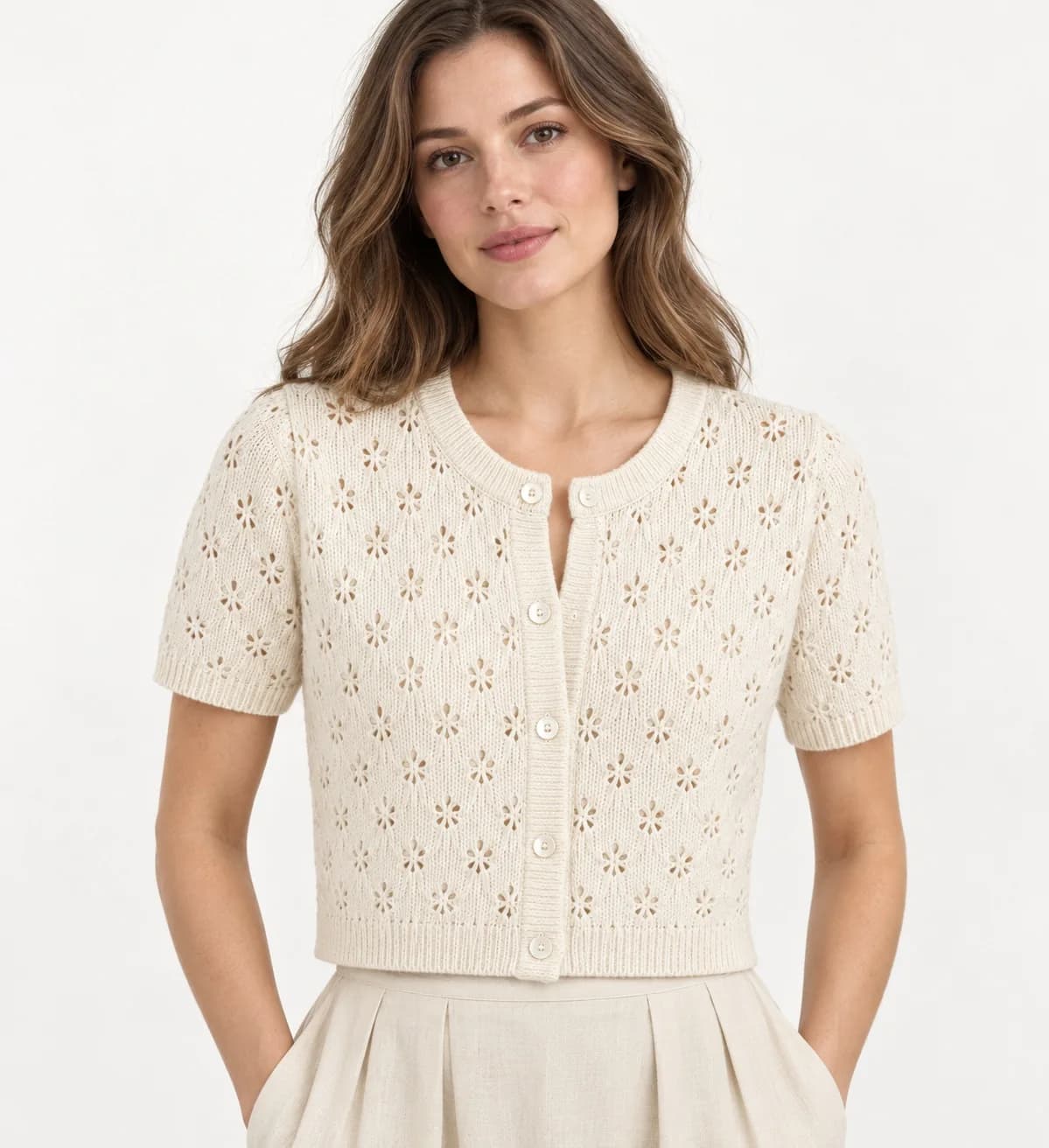 Women's Crochet-Look Short-Sleeve Knit Cardigan - model or use reference (AI development concept)