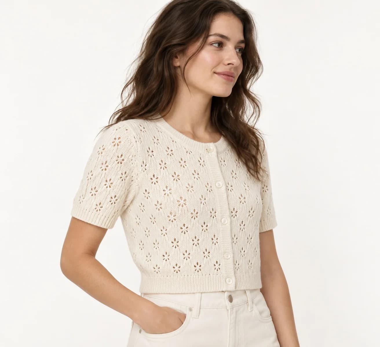 Women's Crochet-Look Short-Sleeve Knit Cardigan - side reference (AI development concept)