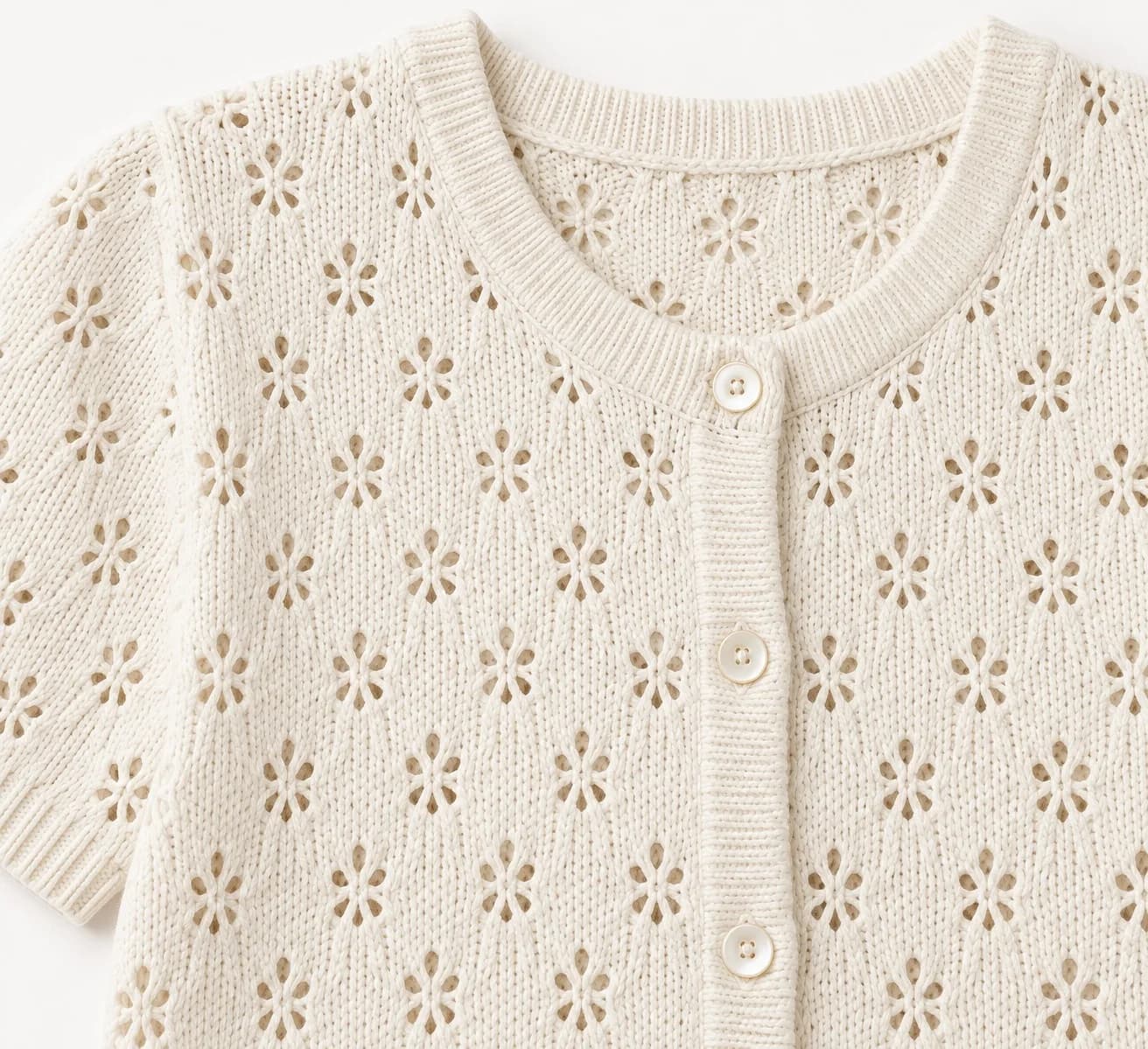 Women's Crochet-Look Short-Sleeve Knit Cardigan - texture reference (AI development concept)