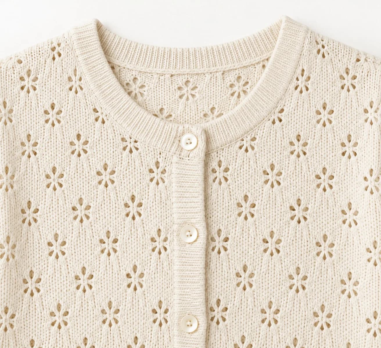 Women's Crochet-Look Short-Sleeve Knit Cardigan - trim reference (AI development concept)