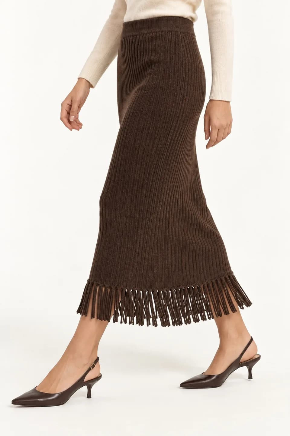 Women's Fringe-Hem Knit Midi Skirt - side reference (AI development concept)