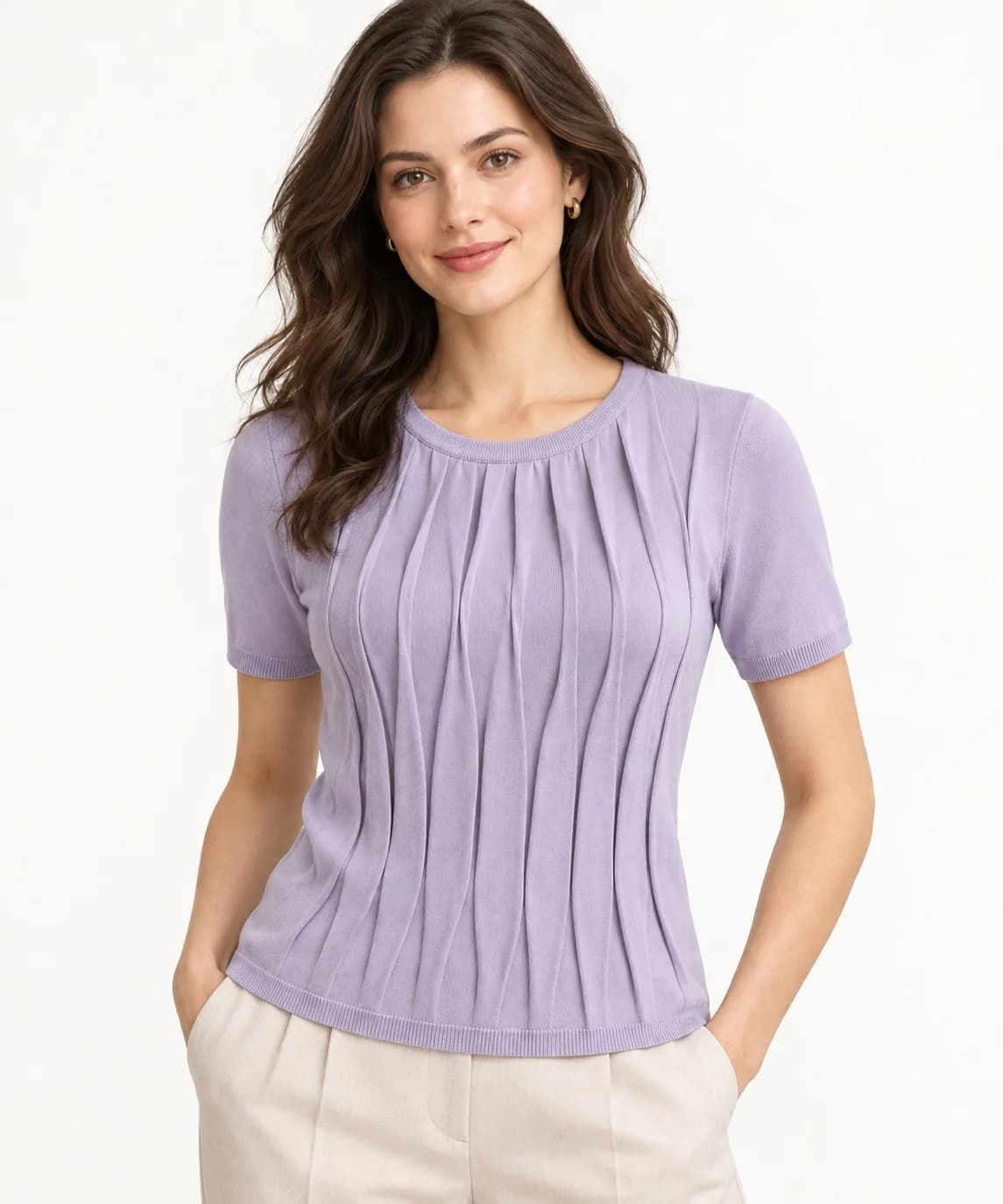 Womens Pleated Front Fine-Knit Short-Sleeve Top - model or use reference (AI development concept)