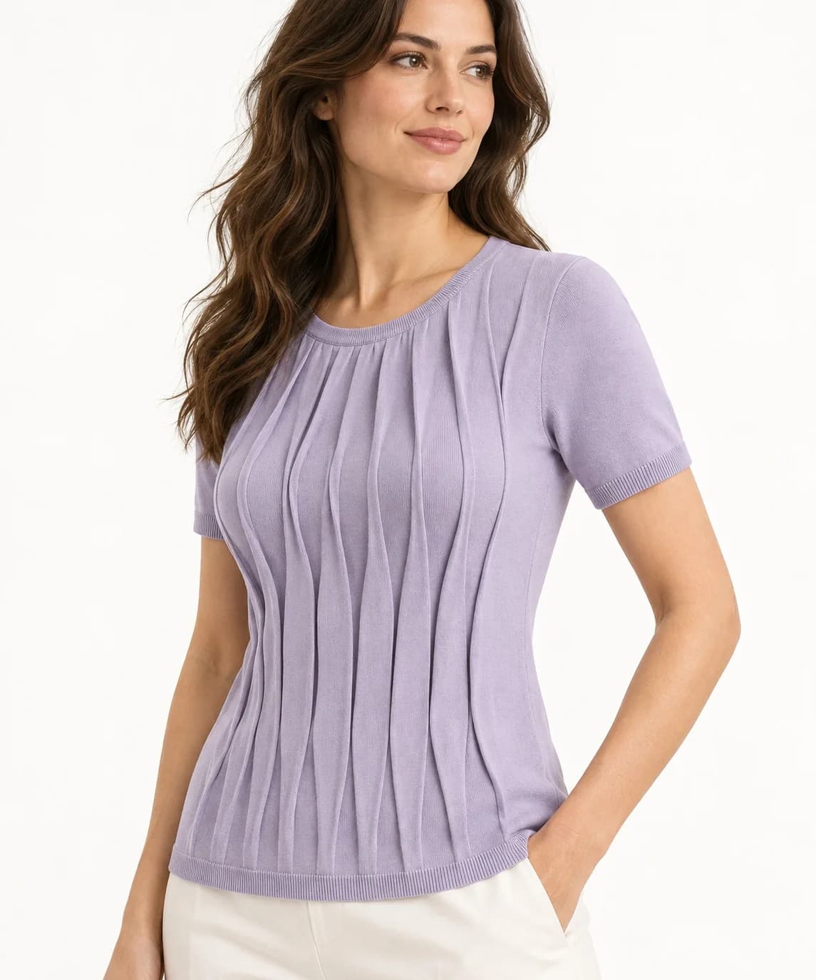 Womens Pleated Front Fine-Knit Short-Sleeve Top - side reference (AI development concept)