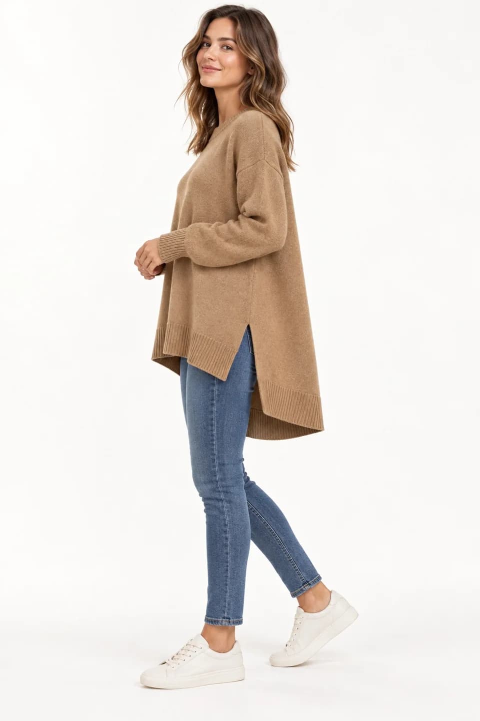 Women's High-Low Hem Longline Sweater - side reference (AI development concept)