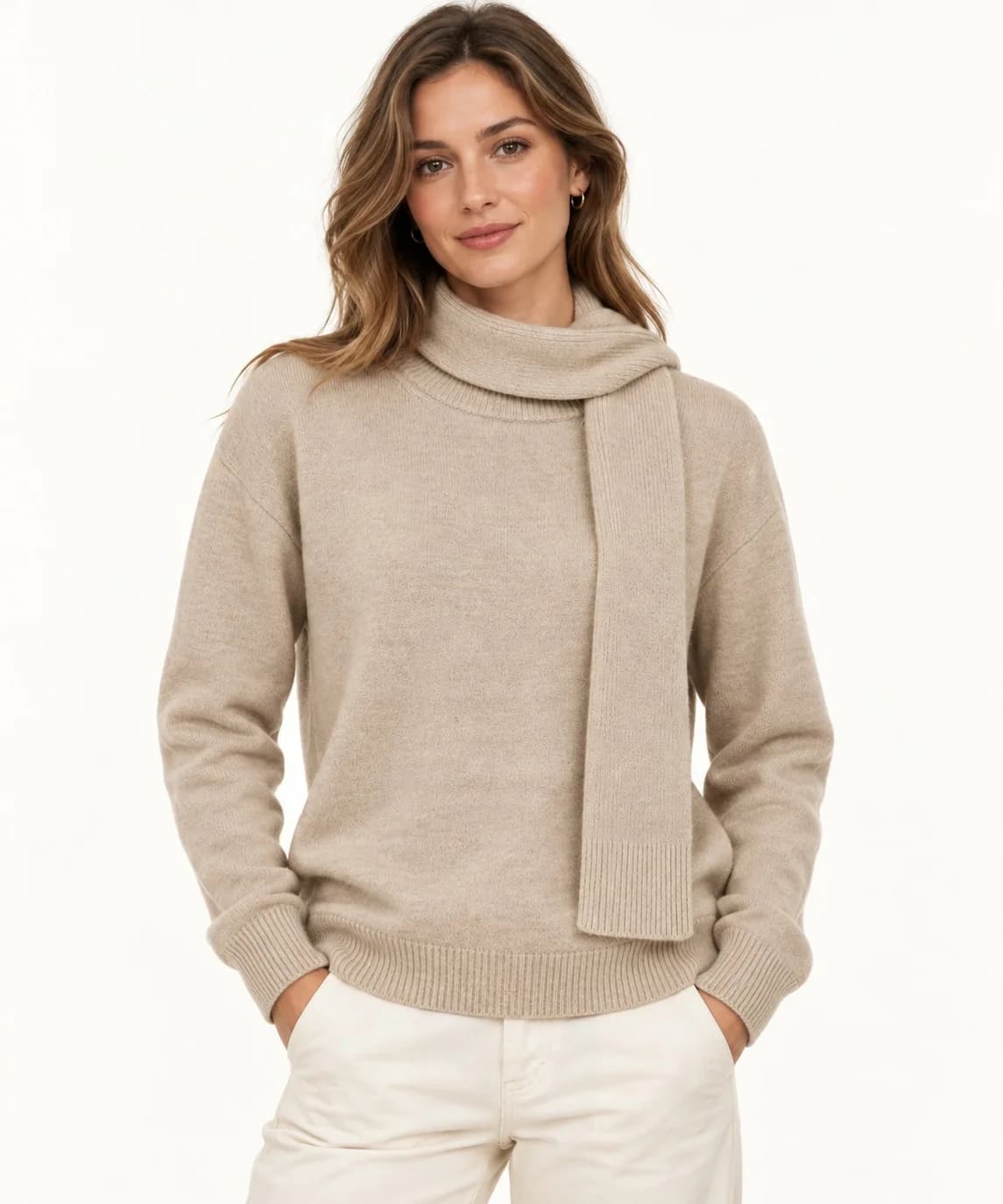 Womens Scarf-Collar Knit Sweater - model or use reference (AI development concept)